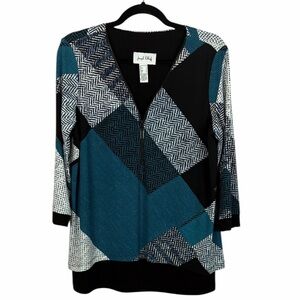 Joseph Ribkoff Geometric Print Overlay Zip Front Top Blue Black White Size 10